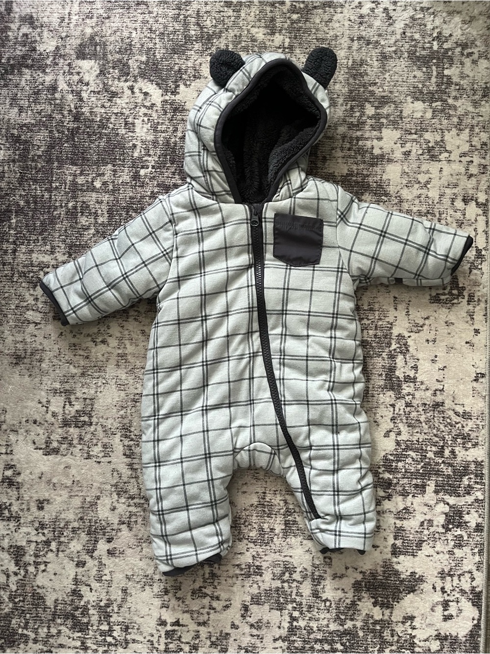 Wonder Nation Plush-Lined Grid Print Baby Snowsuit with Bear Hood